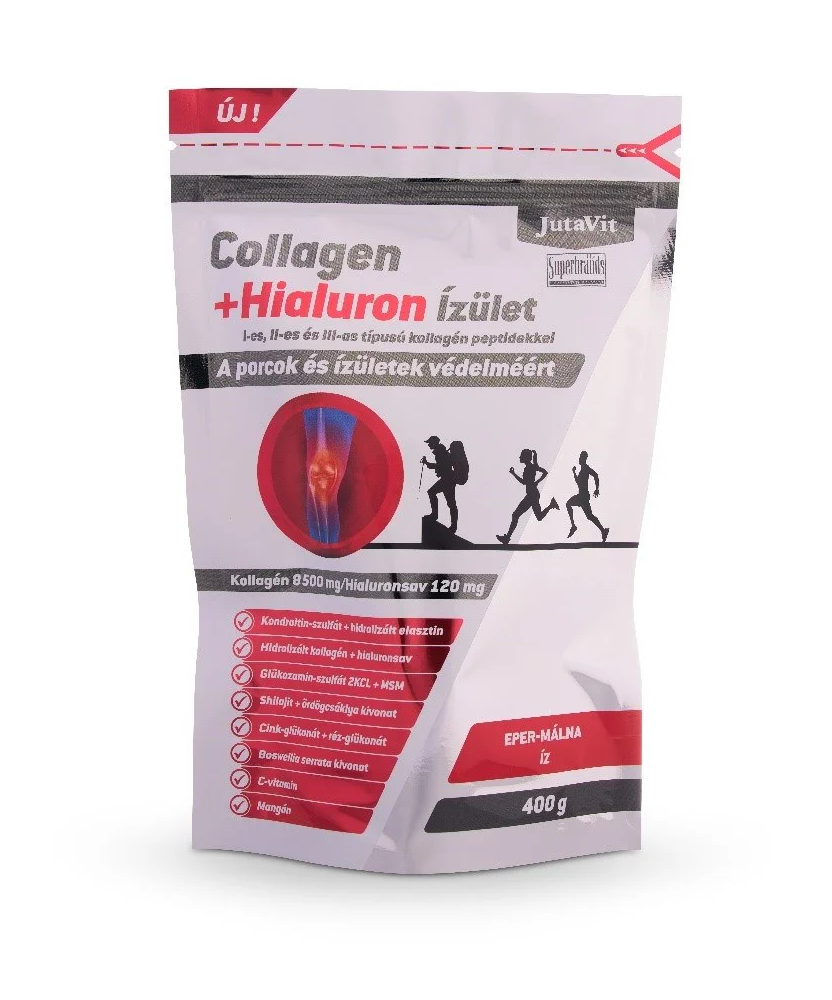 JutaVit Colagen + Hialuron Articulații cu peptide de colagen tip I, II și III cu gust de căpșuni-zmeură, 400 g