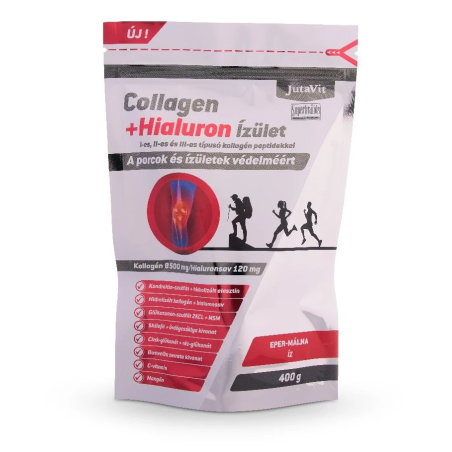 JutaVit Colagen + Hialuron Articulații cu peptide de colagen tip I, II și III cu gust de căpșuni-zmeură, 400 g